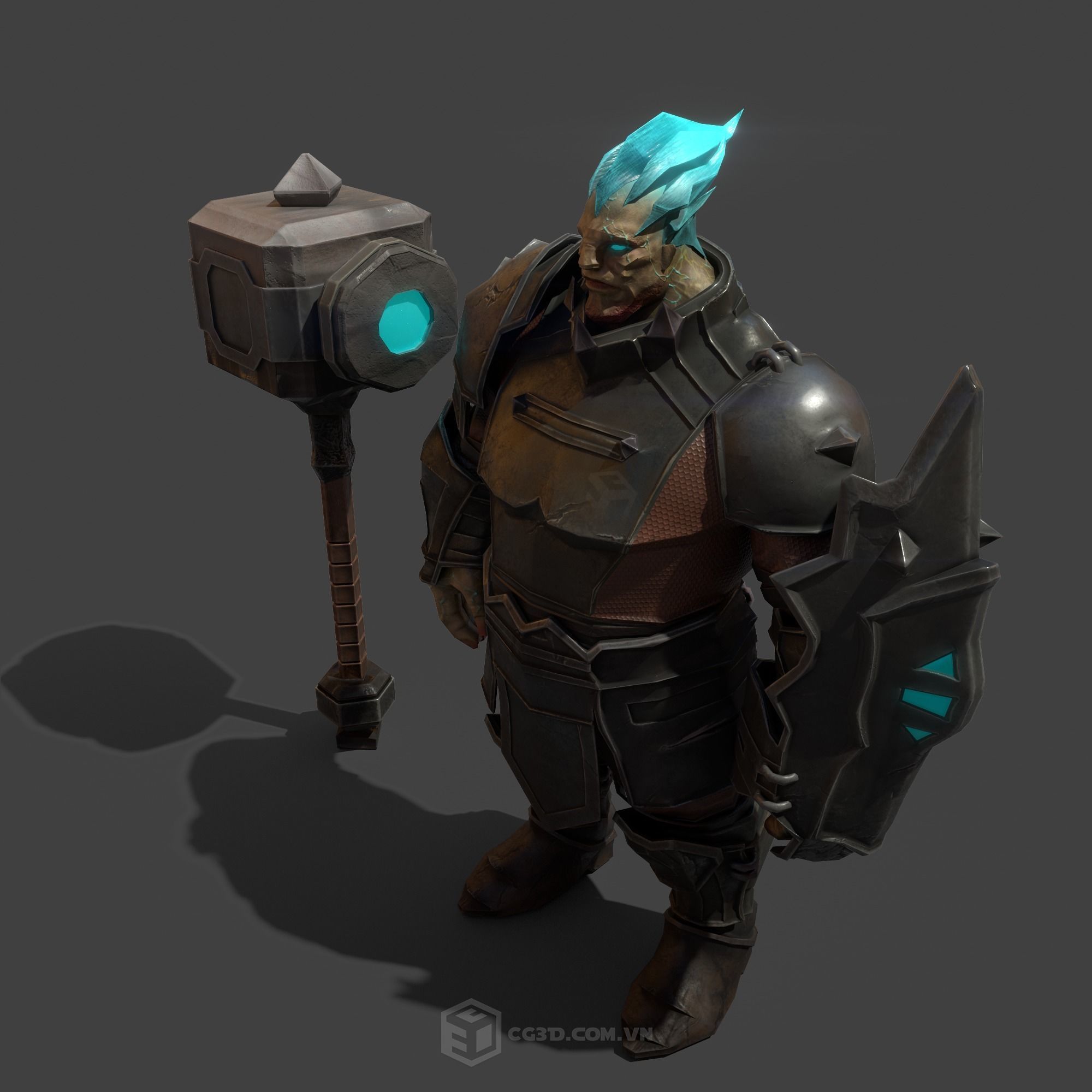 Hammer armored character with hair Low-poly 3D model_1