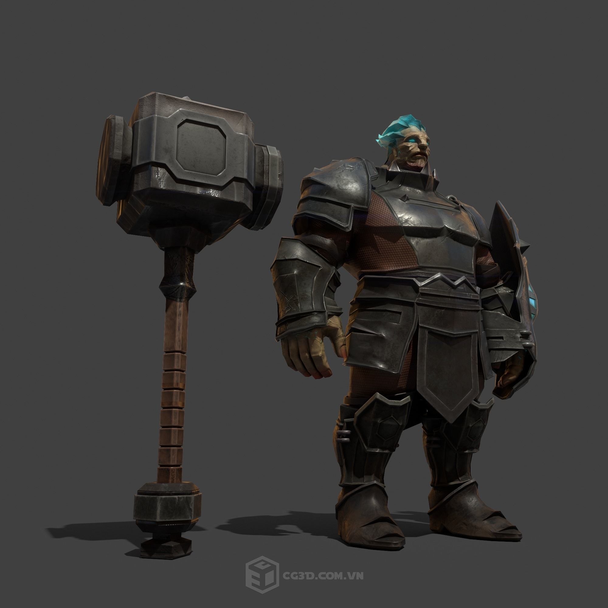 Hammer armored character with hair Low-poly 3D model_5