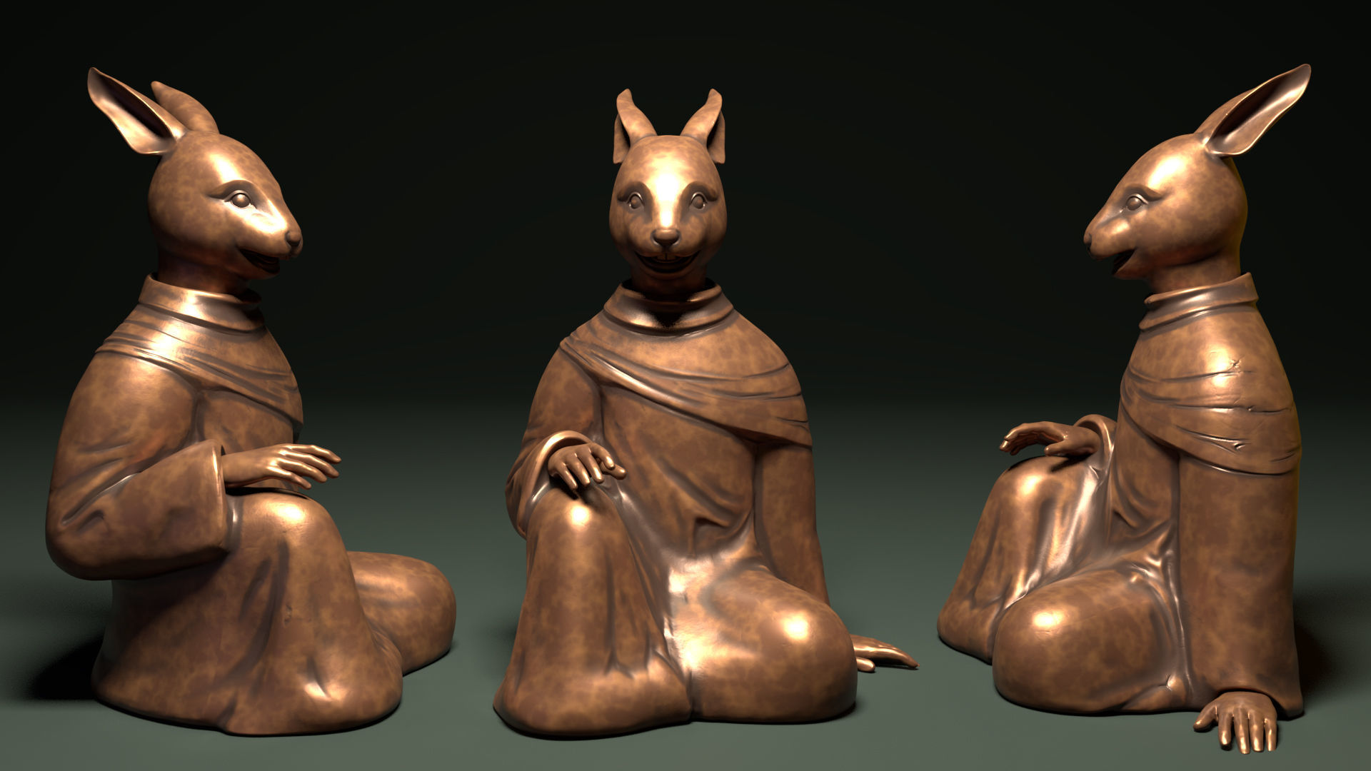 Bronze 12 Zodiac Animals Rabbit Sculpture 3D model_2