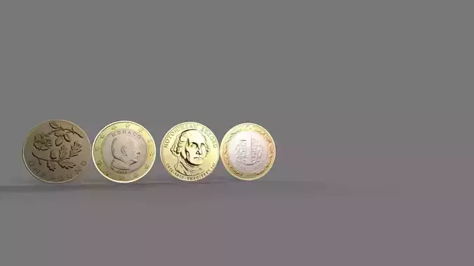 4 country coins Low-poly 3D model