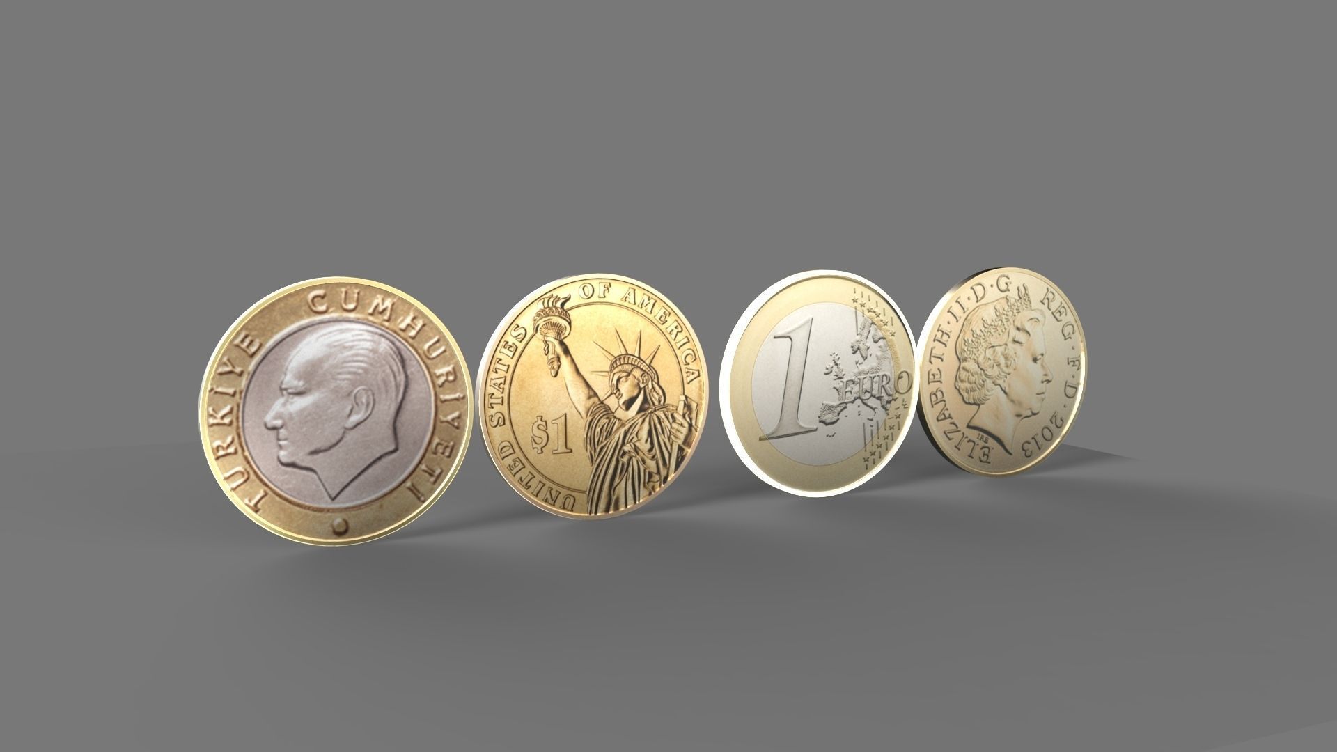 4 country coins Low-poly 3D model_1