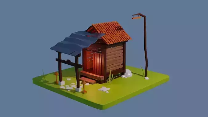 Low poly dark hut in the night