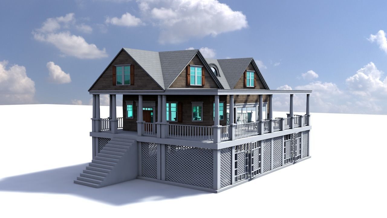 house 8 with deck and stairs Low-poly 3D model_1