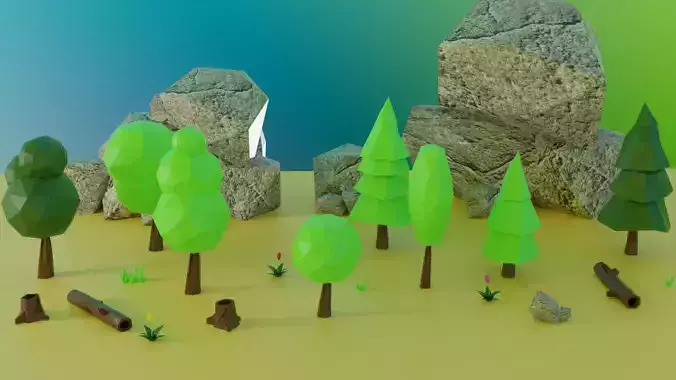 Tree Rock and Grass Lowpoly