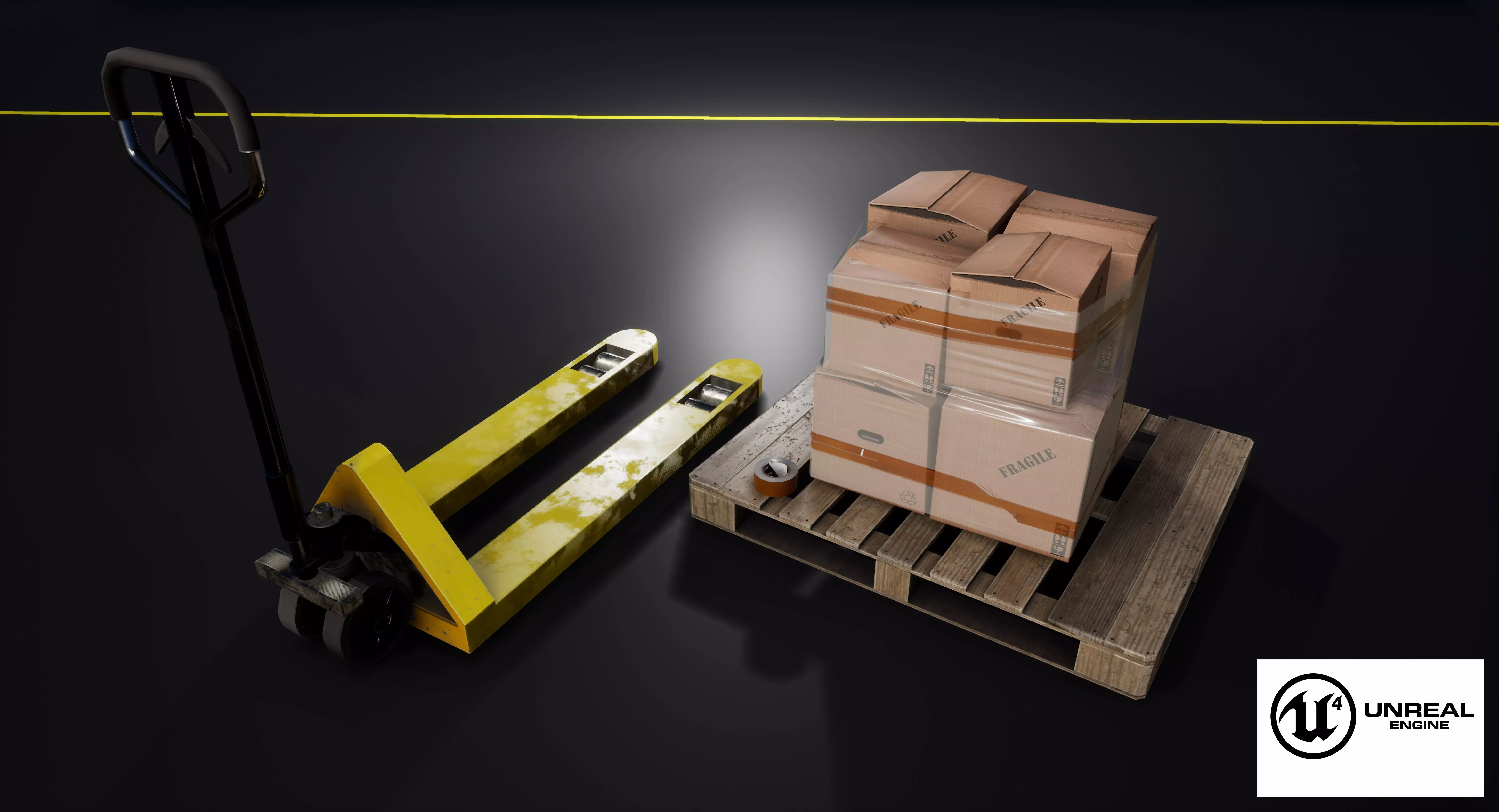 EB - Transpallet and pallet and pile of boxes wrapped in film Low-poly 3D model_0