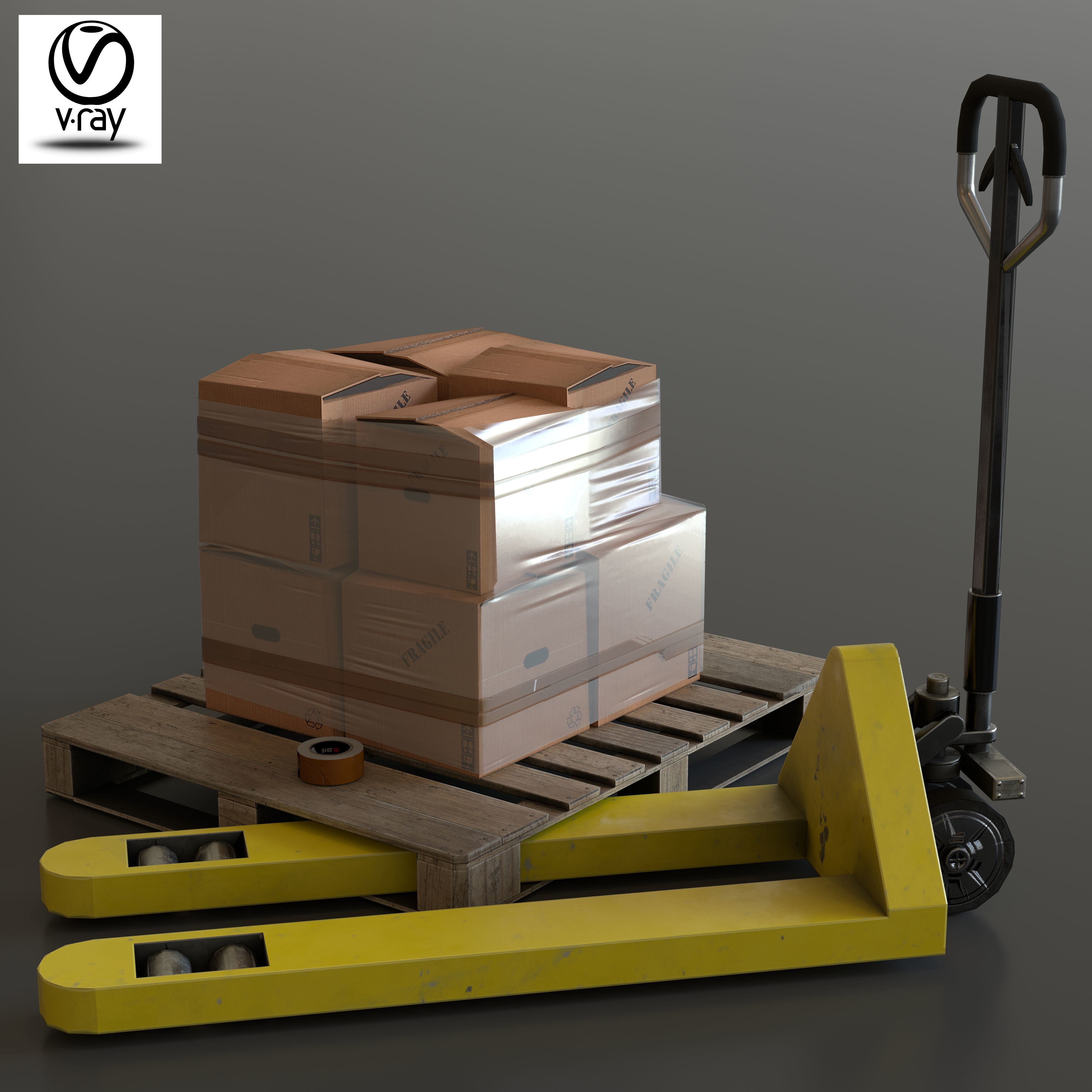 EB - Transpallet and pallet and pile of boxes wrapped in film Low-poly 3D model_2