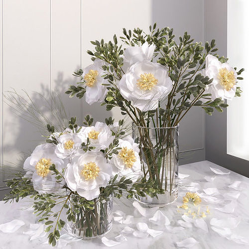 White camellia peony bouquet glass vases  3D model