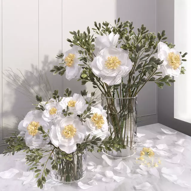White camellia peony bouquet glass vases 3D model_0