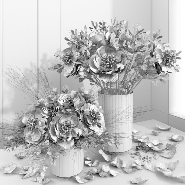 White camellia peony bouquet glass vases 3D model_1