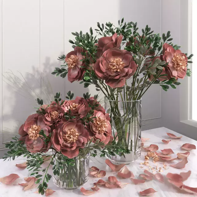 Red Pink Camellia Peony Bouquet Flower Vases 3d model 3D model