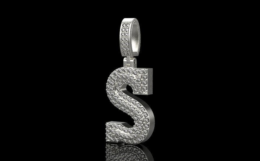 Letter S pendant gold with diamonds 3D print model_8