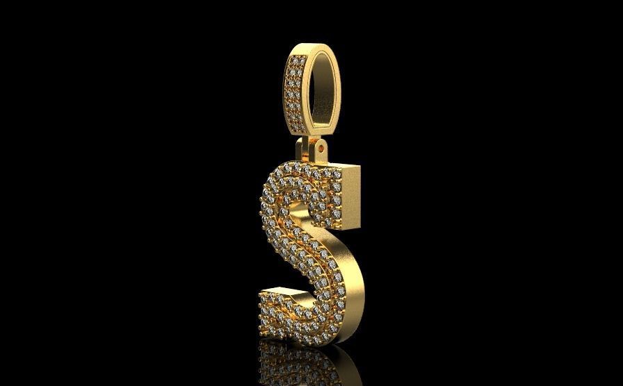 Letter S pendant gold with diamonds 3D print model_2