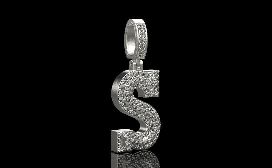 Letter S pendant gold with diamonds 3D print model_7
