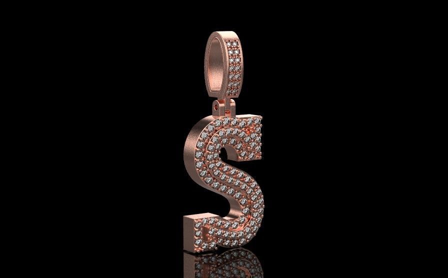Letter S pendant gold with diamonds 3D print model_4