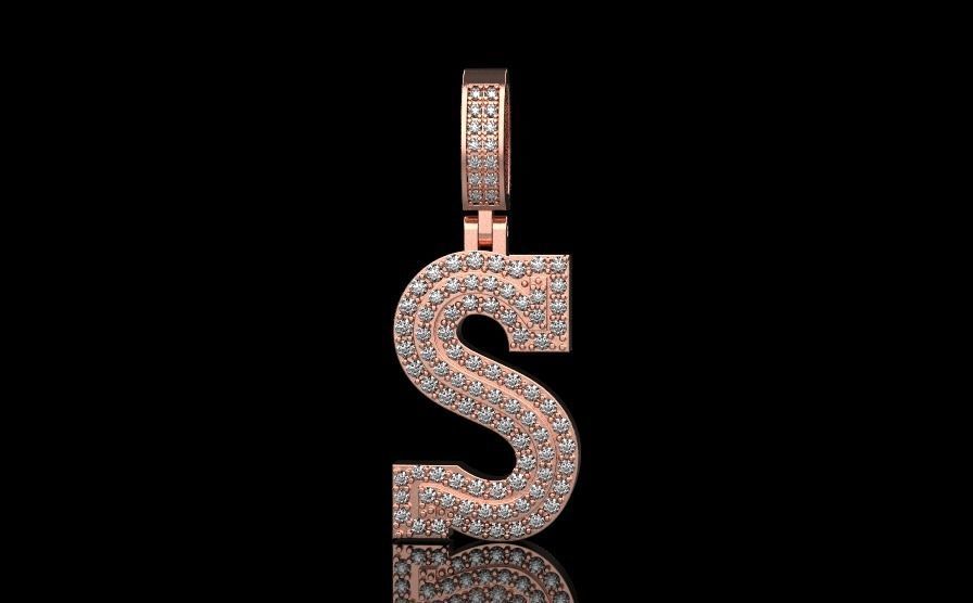 Letter S pendant gold with diamonds 3D print model_5