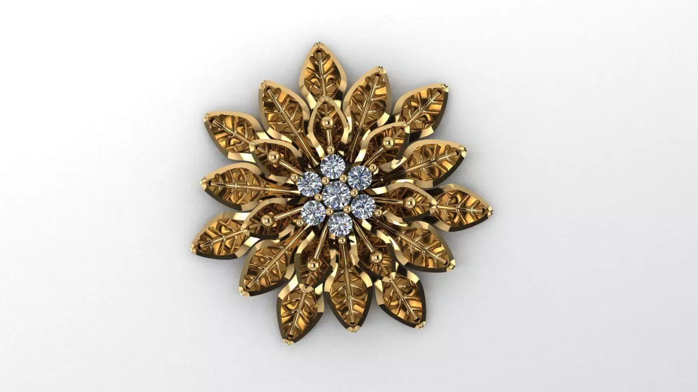 flower gold brooch with diamonds 3D print model_0