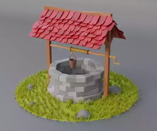 low poly well 3D model water with roof Low-poly 3D model