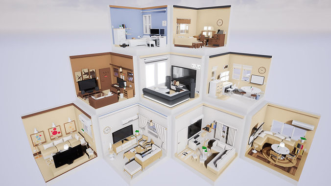 Isometric interior Room v01 Low-poly 3D model