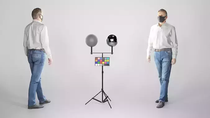 Adult man in blue jeans white shirt and mask 196