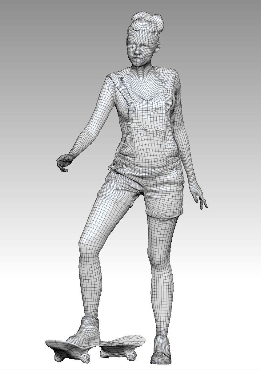 Young girl in short denim overalls on a skateboard 211 Low-poly 3D model_6