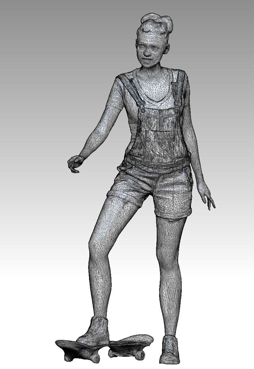 Young girl in short denim overalls on a skateboard 211 Low-poly 3D model_4