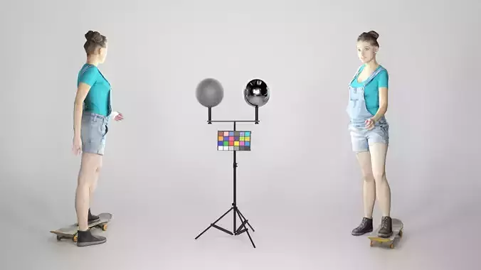 Young girl in short denim overalls on a skateboard 211 Low-poly 3D model