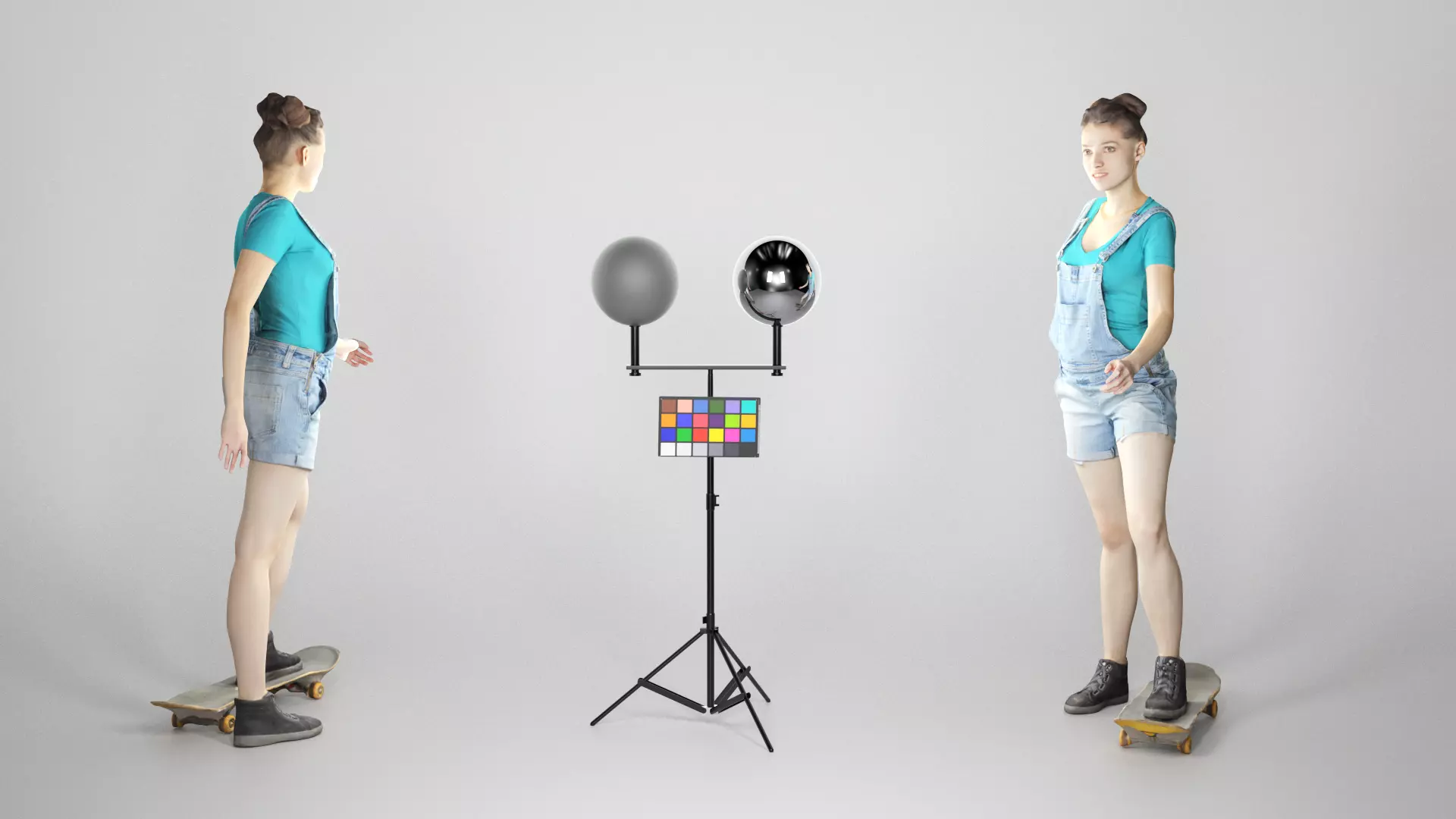 Young girl in short denim overalls on a skateboard 211 Low-poly 3D model_0