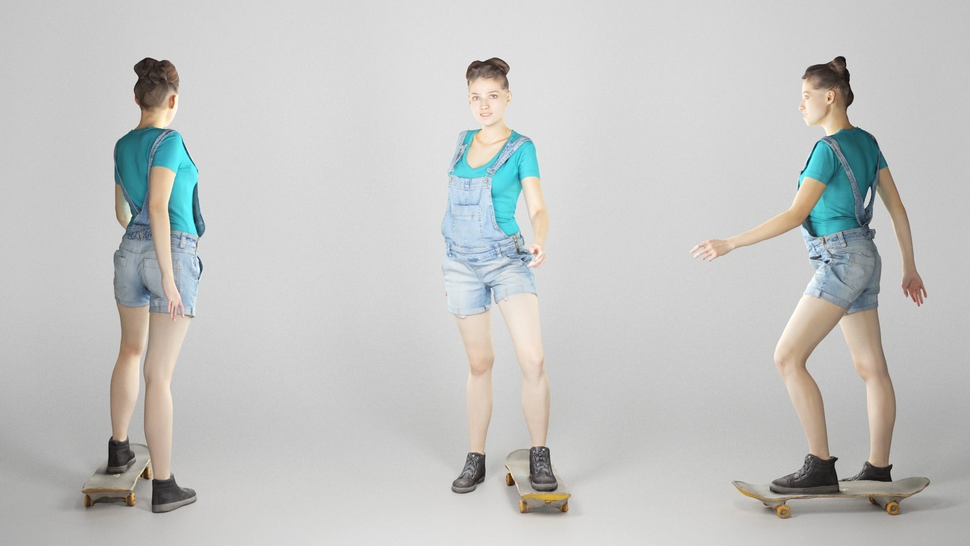 Young girl in short denim overalls on a skateboard 211 Low-poly 3D model_2
