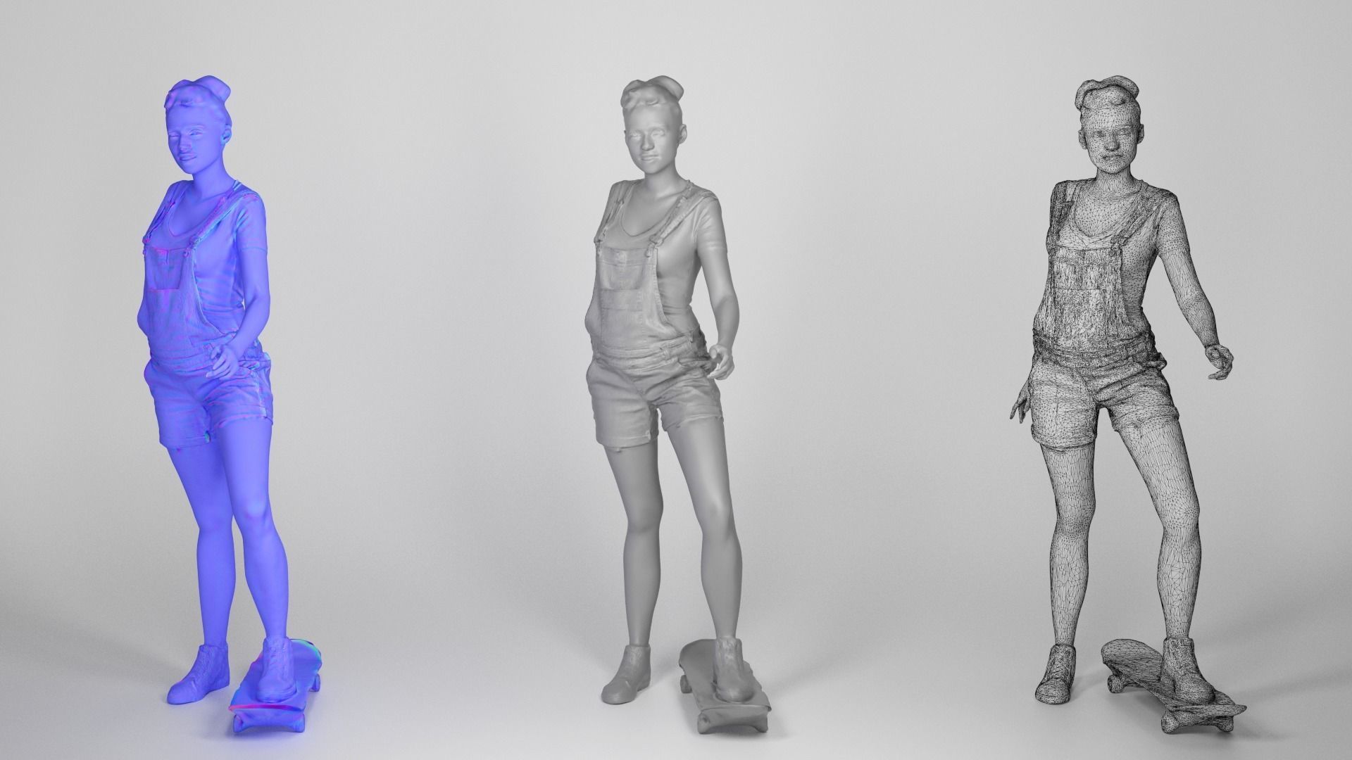 Young girl in short denim overalls on a skateboard 211 Low-poly 3D model_3