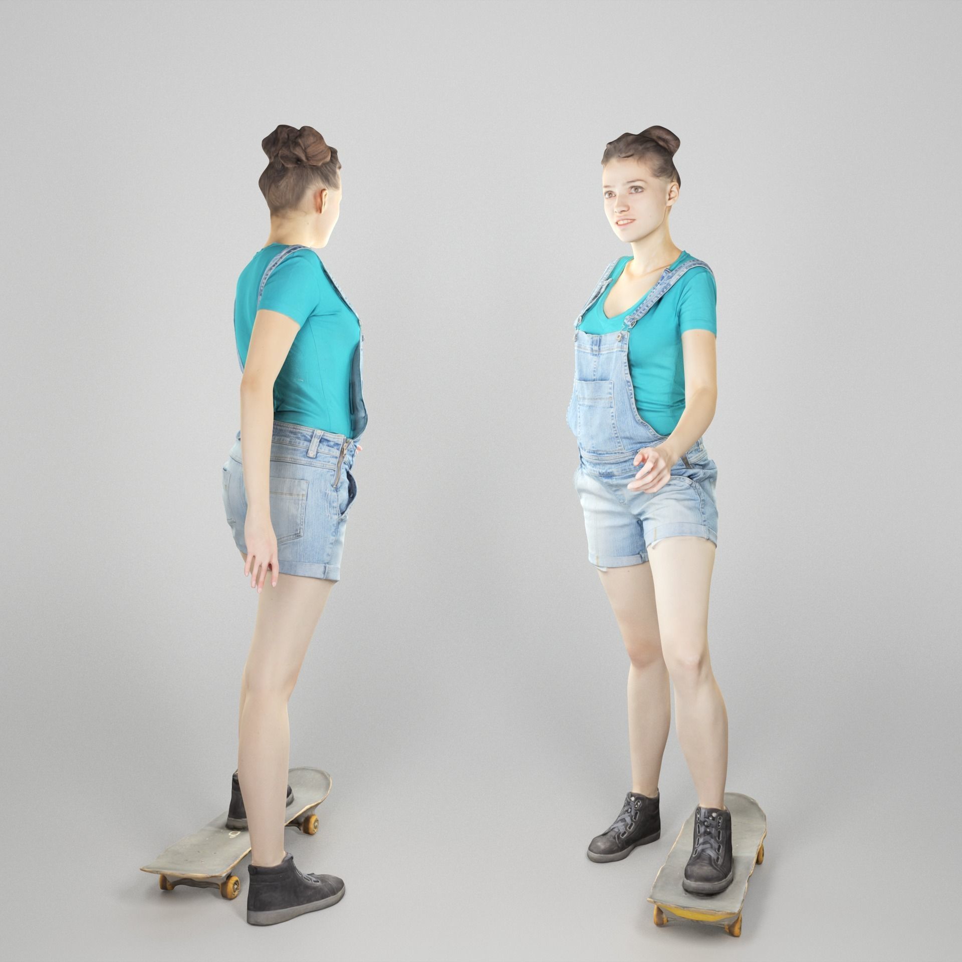Young girl in short denim overalls on a skateboard 211 Low-poly 3D model_1