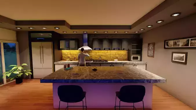 3D Kitchen 2 Model with island and chairs