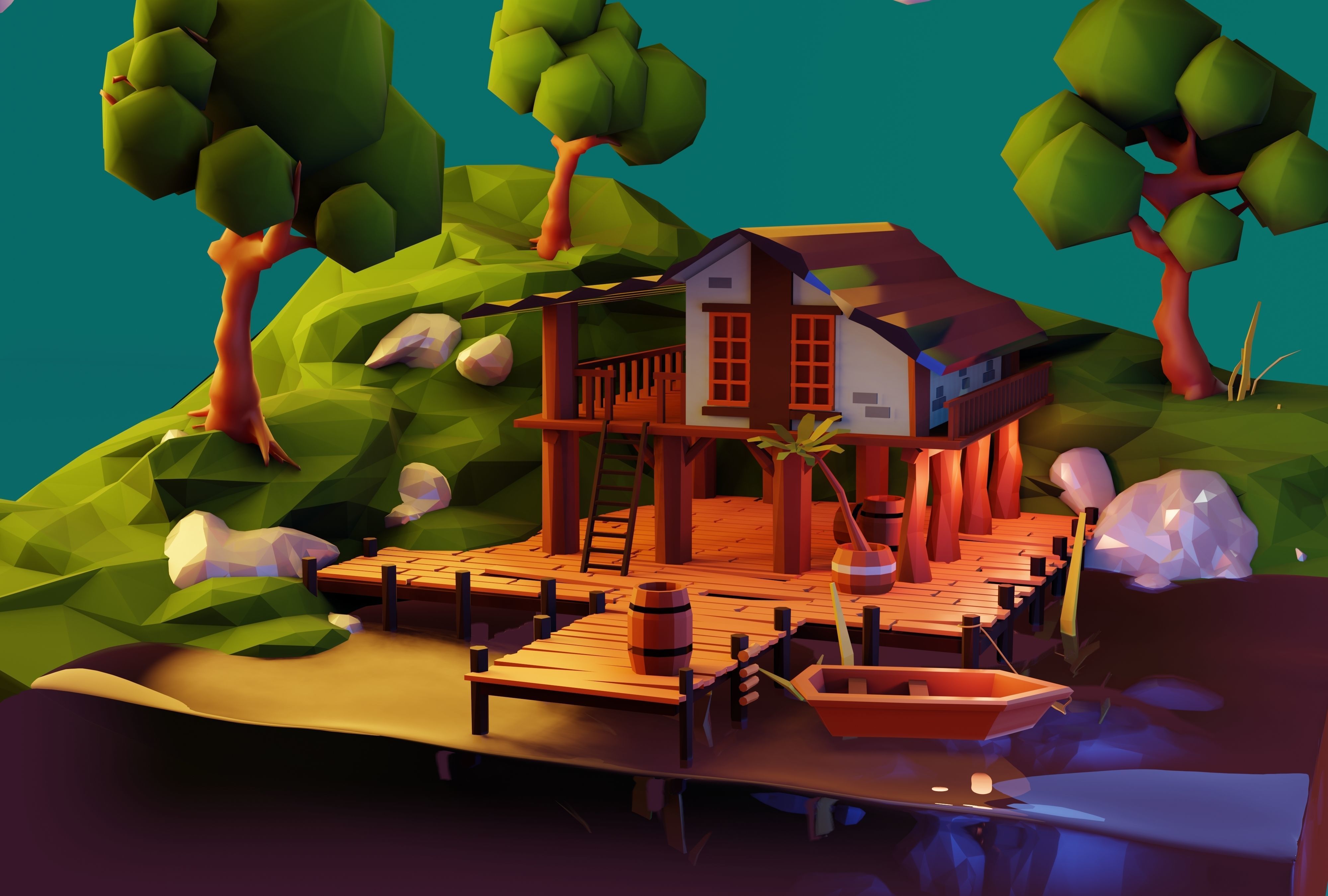Low Poly isometric Lake House Day and Night version Low-poly 3D model_2