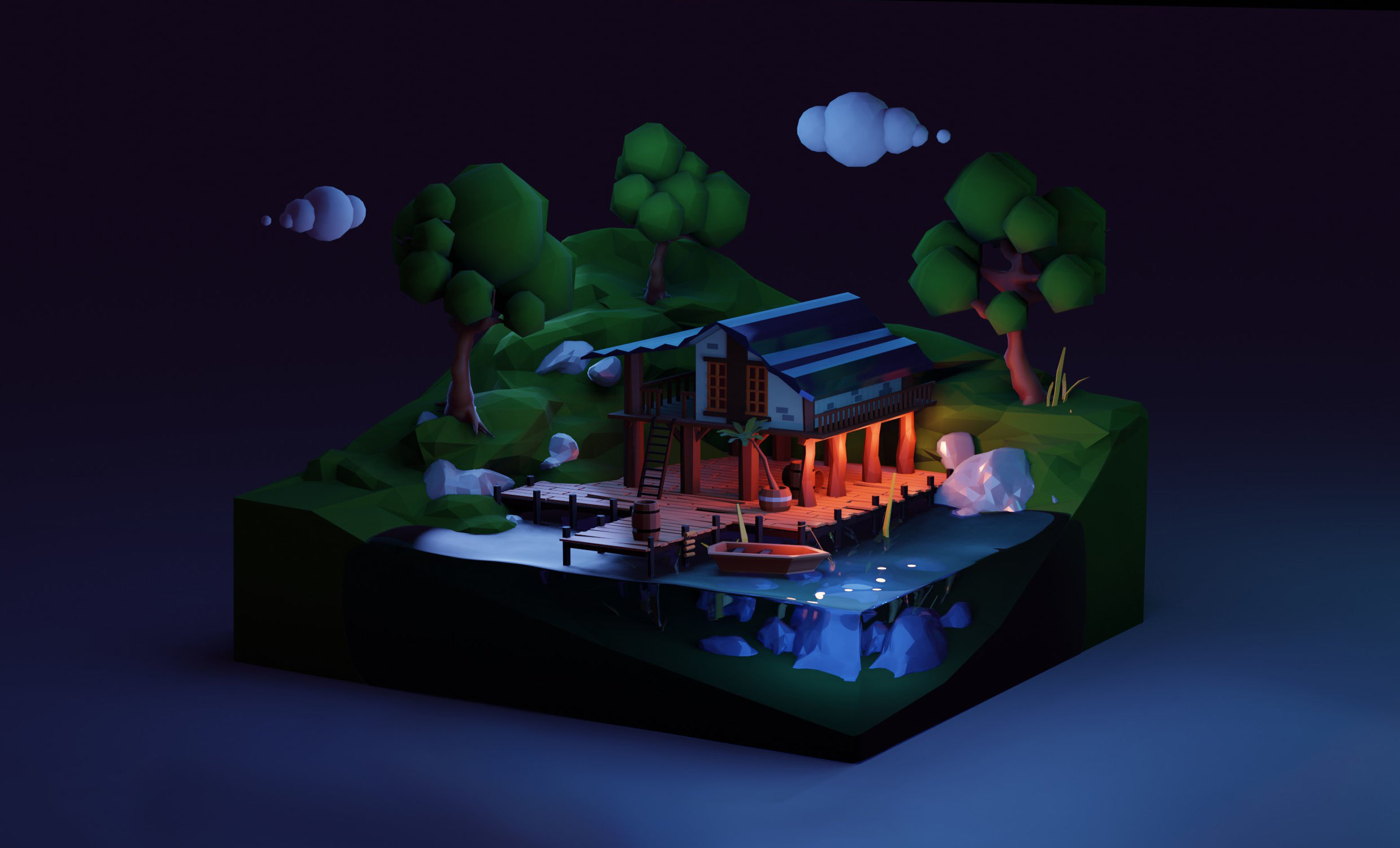 Low Poly isometric Lake House Day and Night version Low-poly 3D model_4