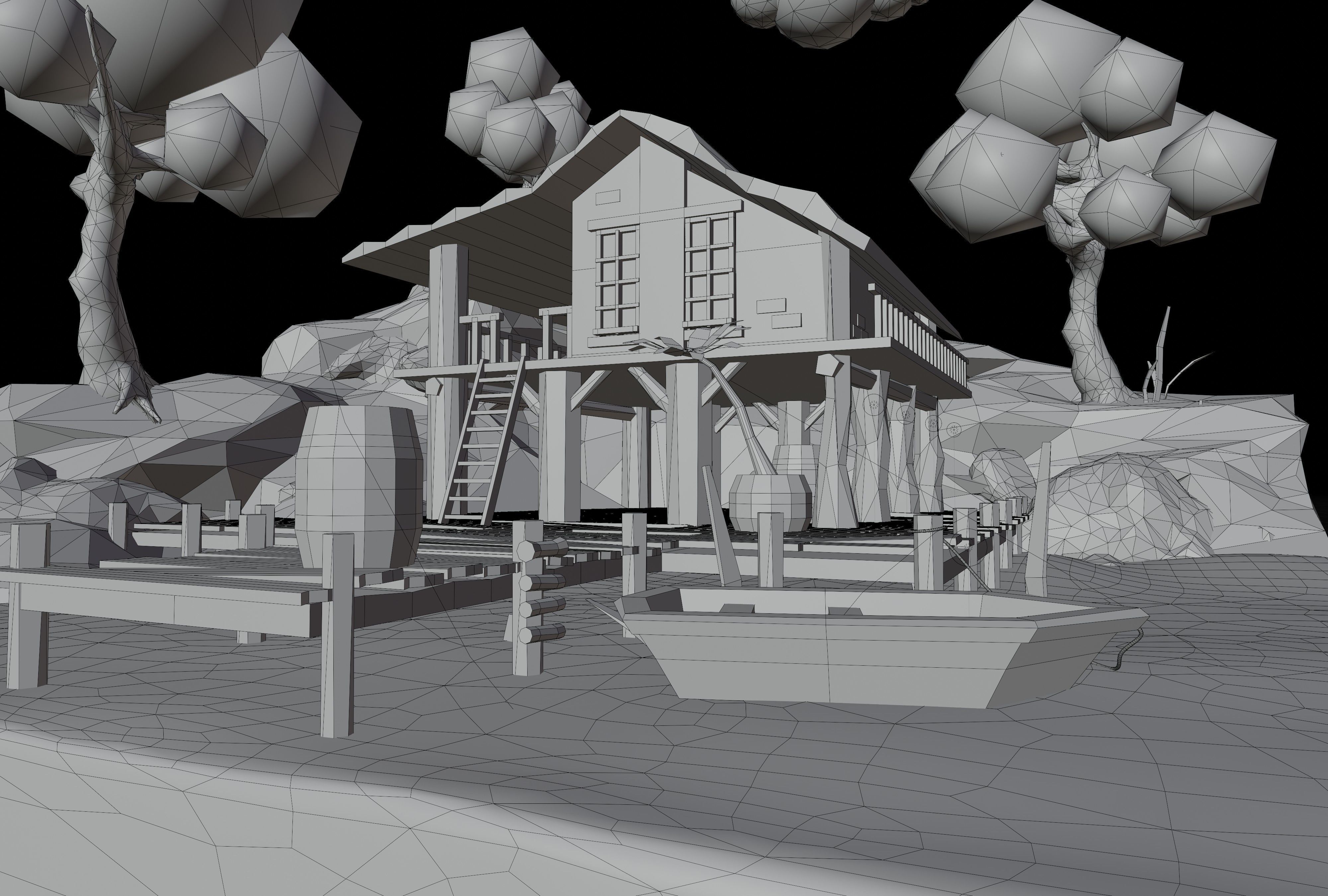 Low Poly isometric Lake House Day and Night version Low-poly 3D model_8