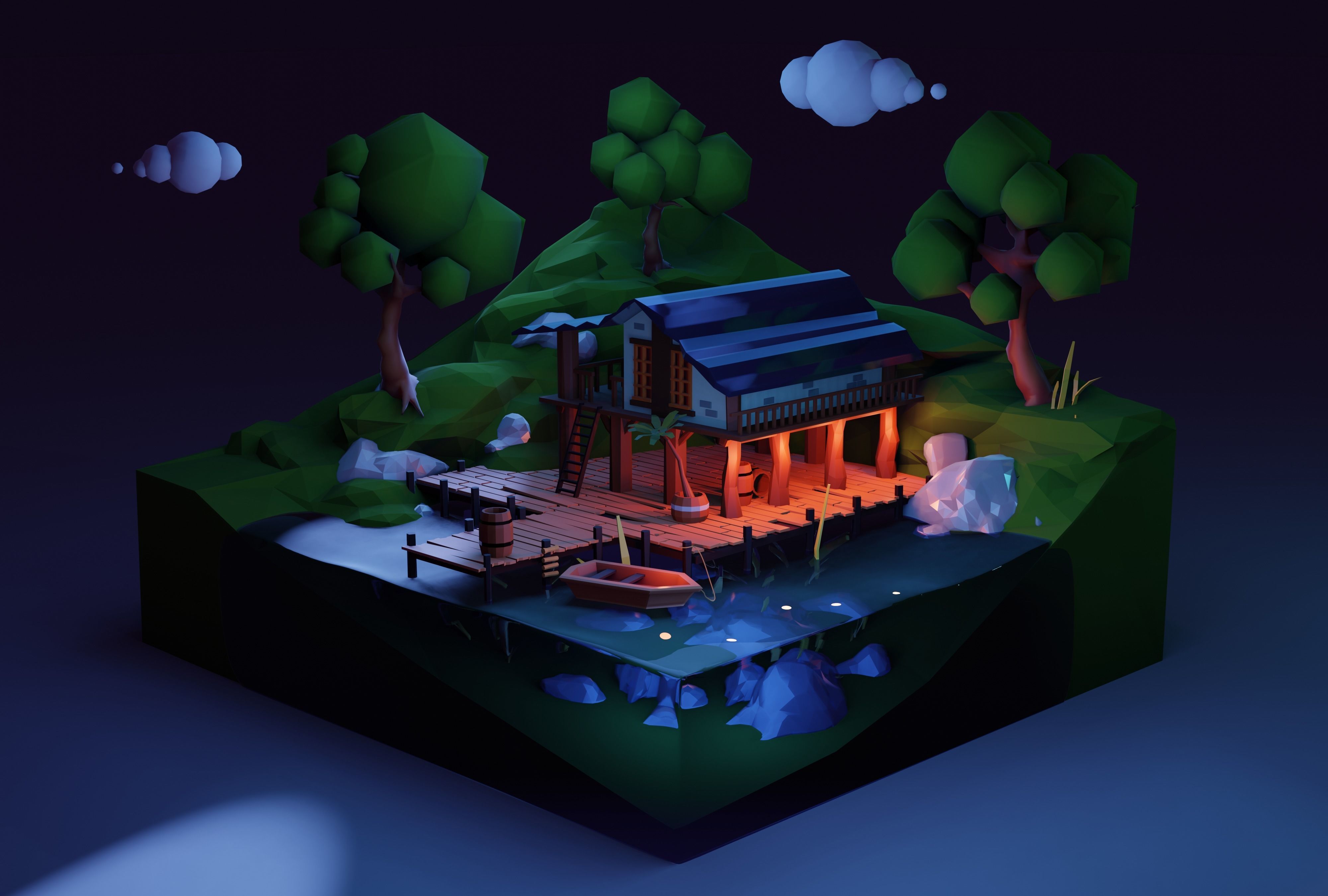 Low Poly isometric Lake House Day and Night version Low-poly 3D model_5