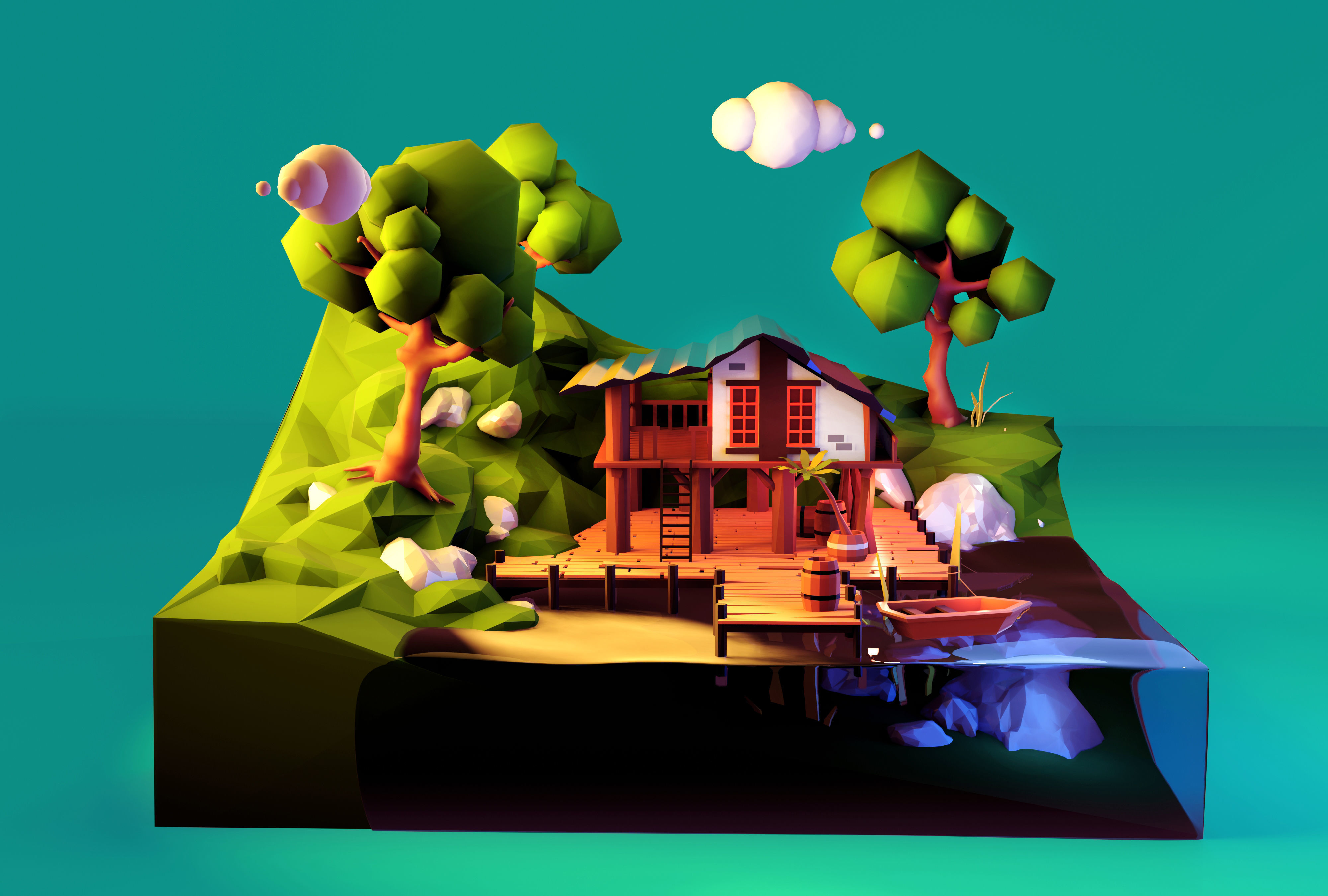 Low Poly isometric Lake House Day and Night version Low-poly 3D model_1