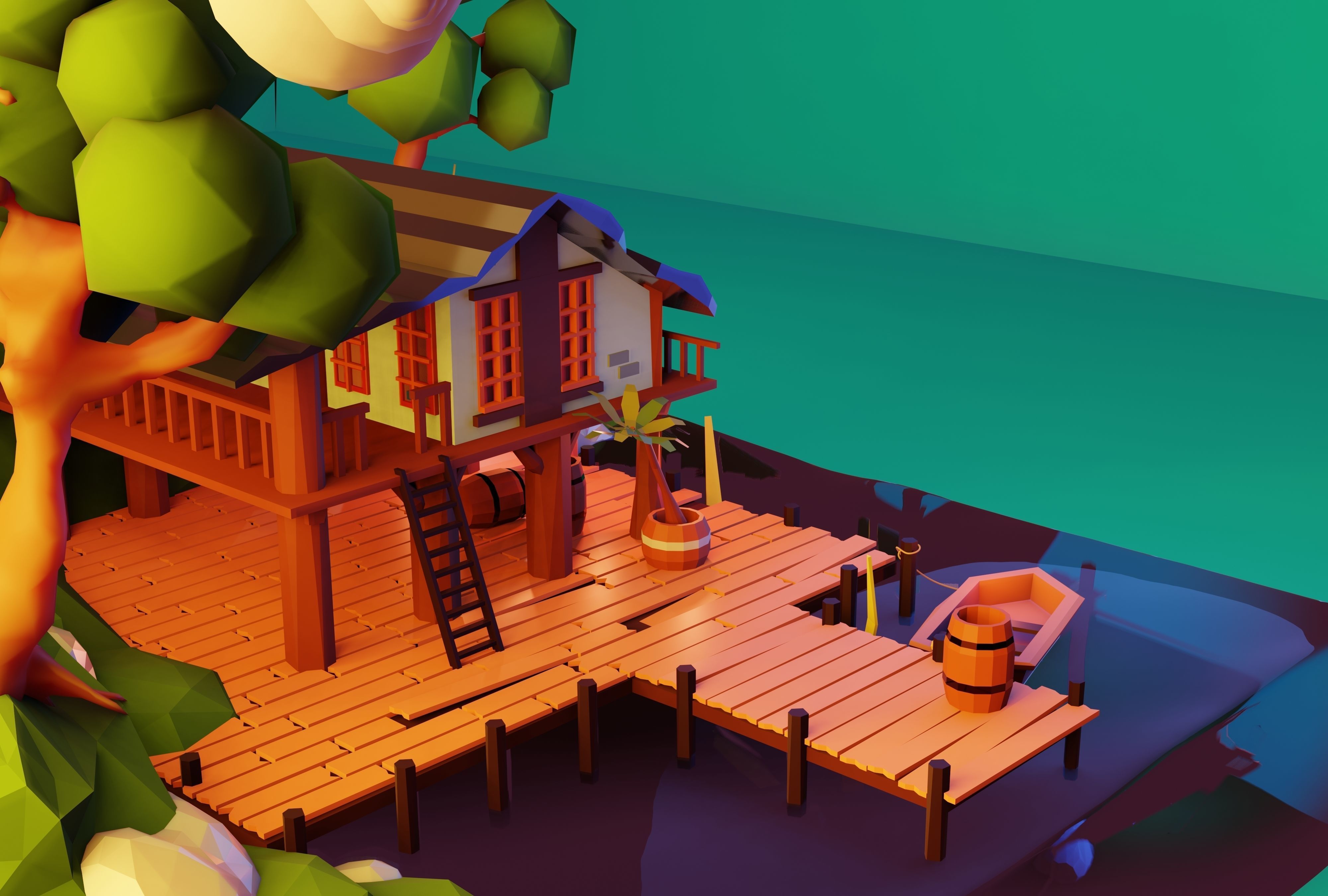 Low Poly isometric Lake House Day and Night version Low-poly 3D model_3