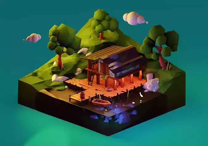 Low Poly isometric Lake House Day and Night version Low-poly 3D model