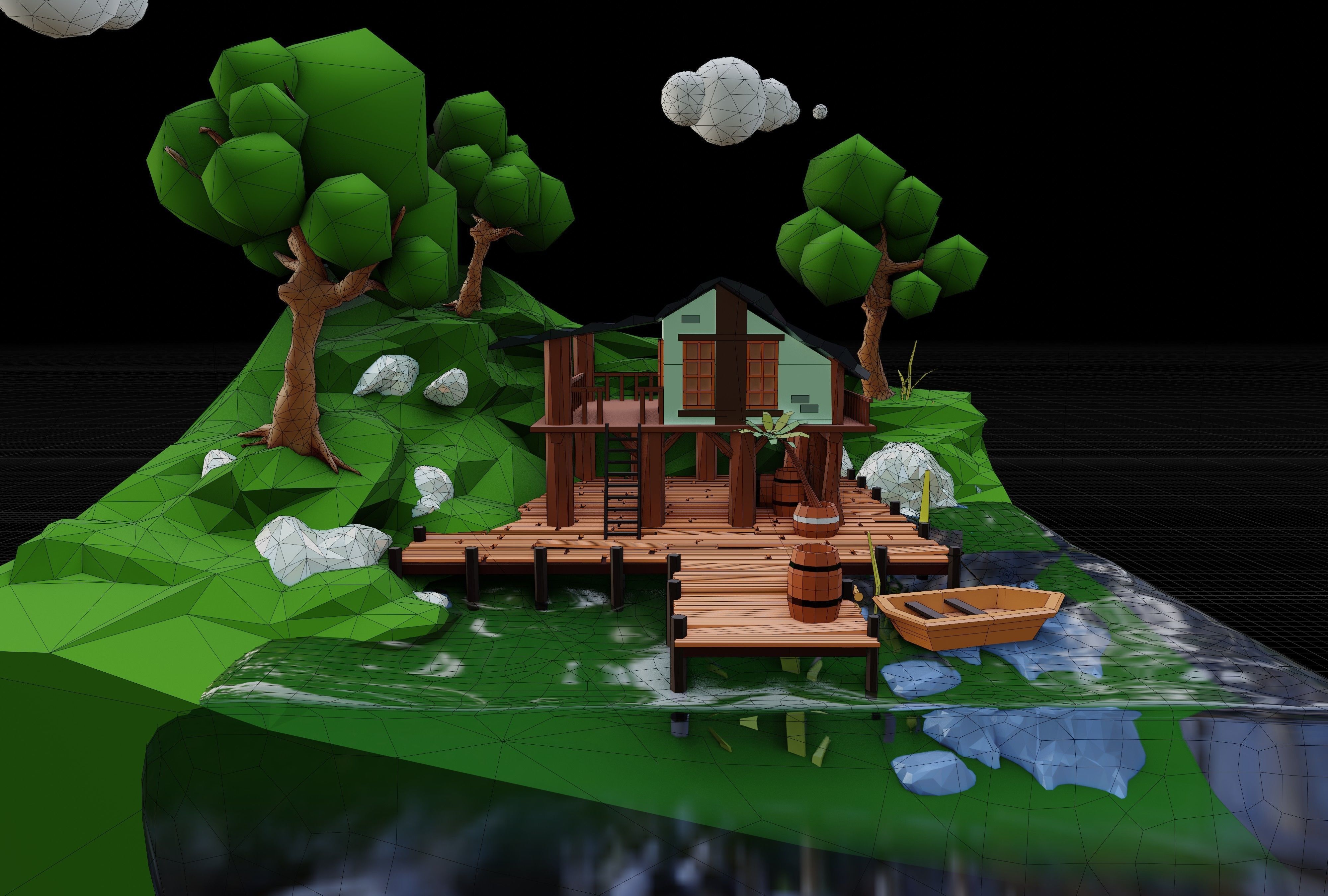 Low Poly isometric Lake House Day and Night version Low-poly 3D model_11