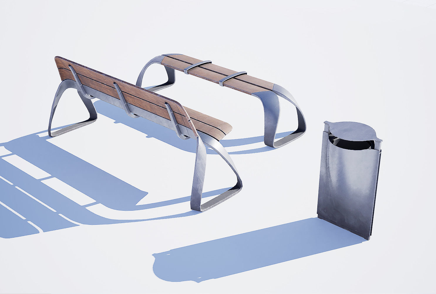 Urban bench set Low-poly 3D model_2