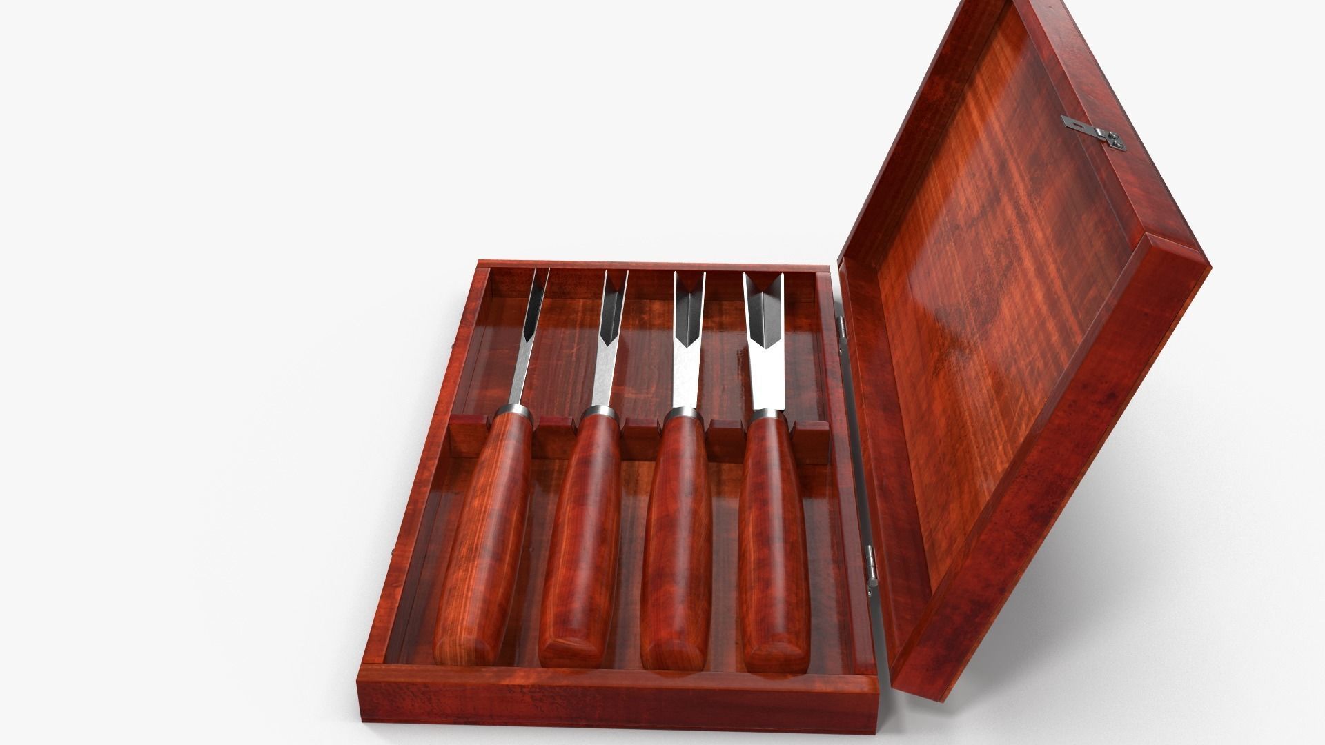 V Chisels wooden box with four knives in it 3D model_10