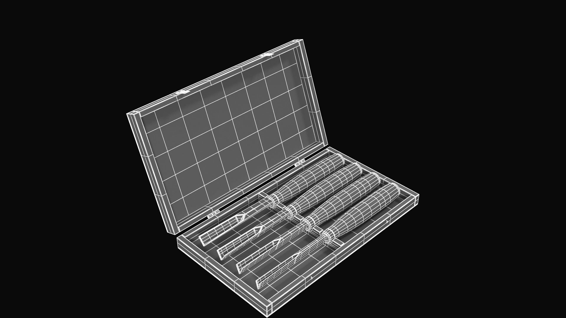 V Chisels wooden box with four knives in it 3D model_14