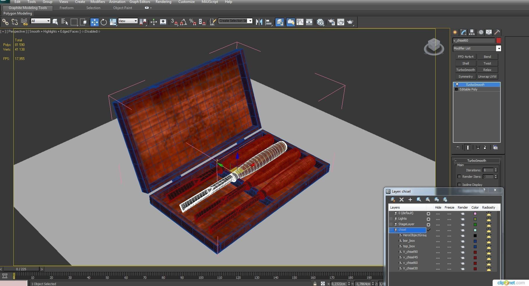 V Chisels wooden box with four knives in it 3D model_4