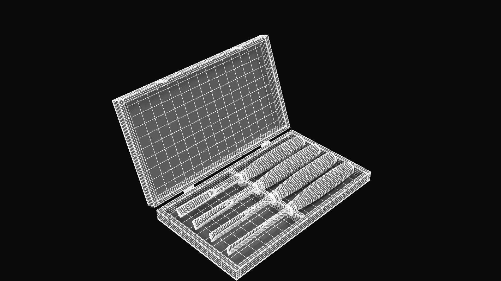 V Chisels wooden box with four knives in it 3D model_3