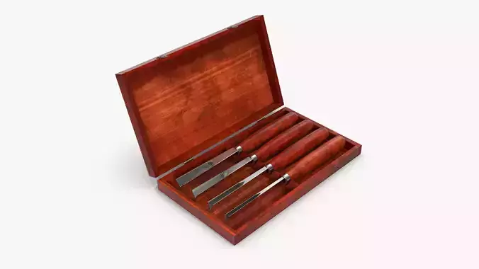 V Chisels wooden box with four knives in it