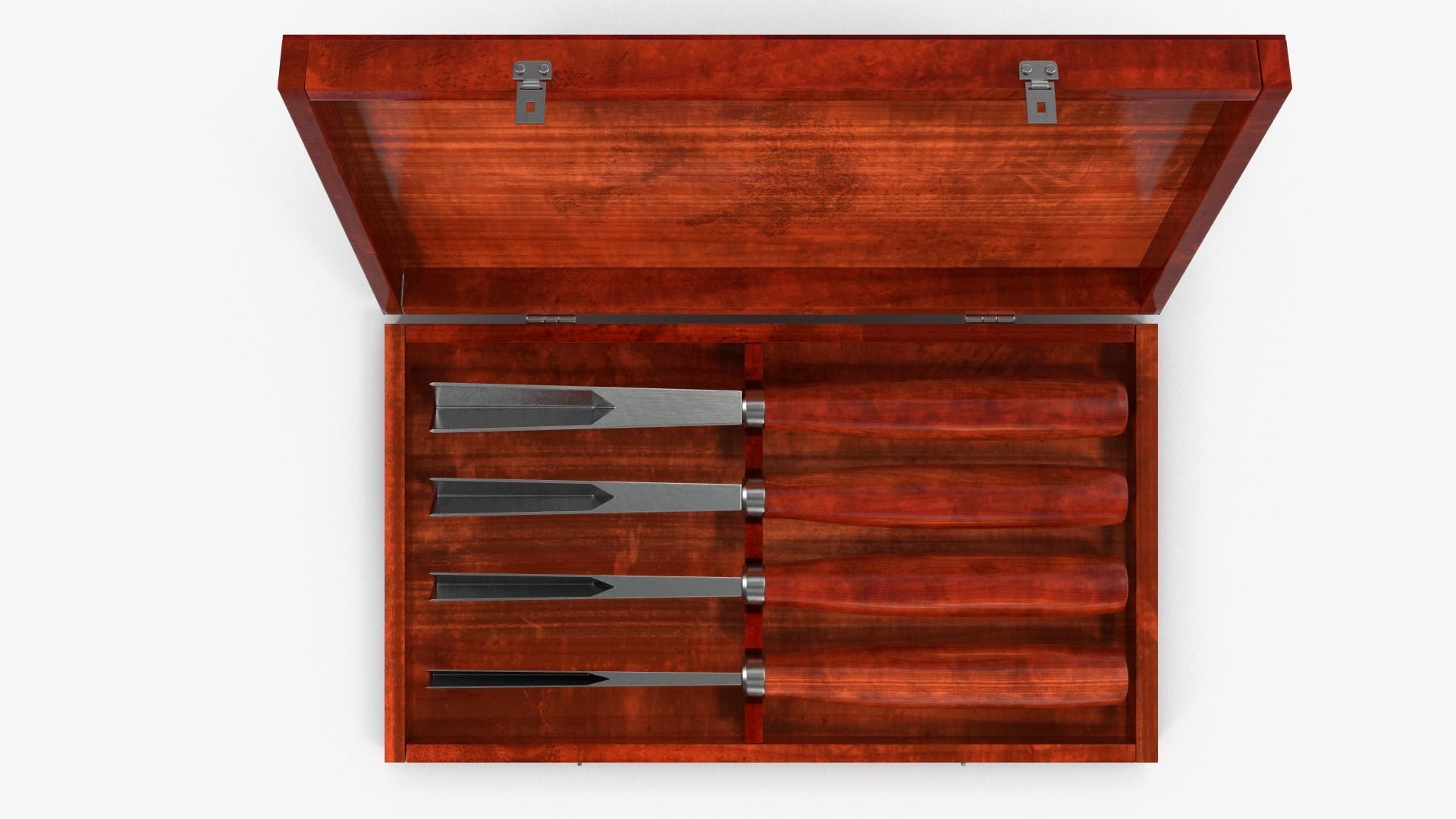 V Chisels wooden box with four knives in it 3D model_13