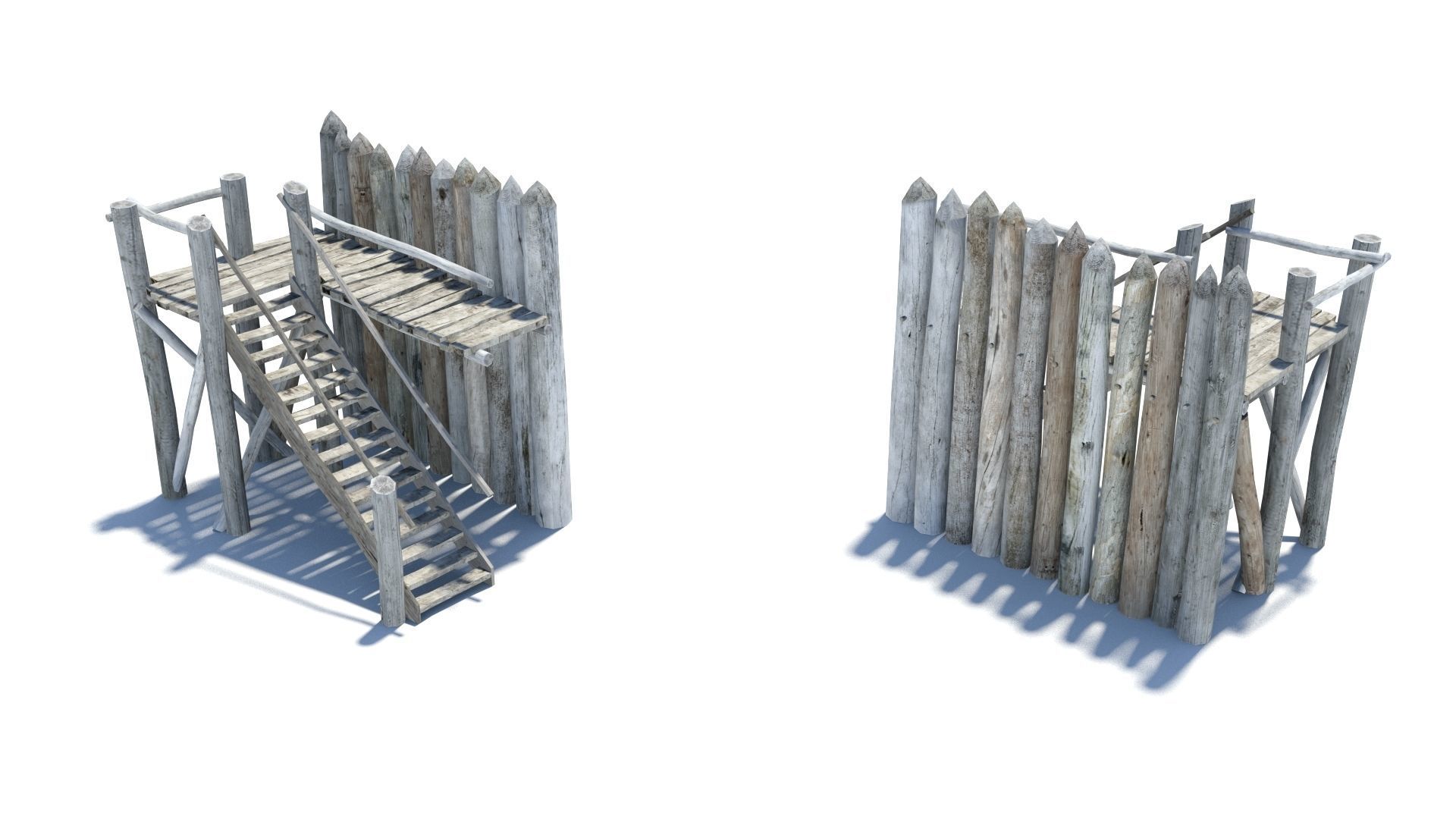 Modular medieval wooden palisades pack Low-poly 3D model_18