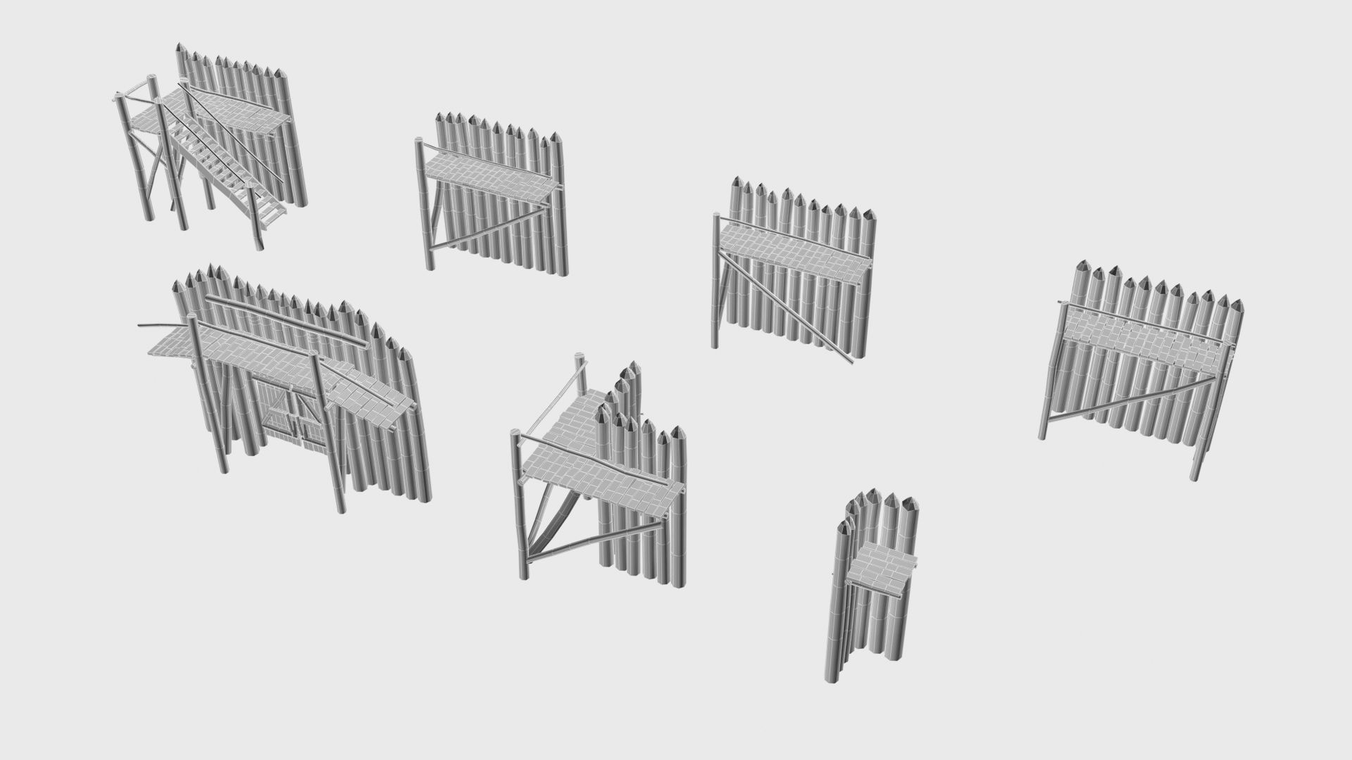 Modular medieval wooden palisades pack Low-poly 3D model_7