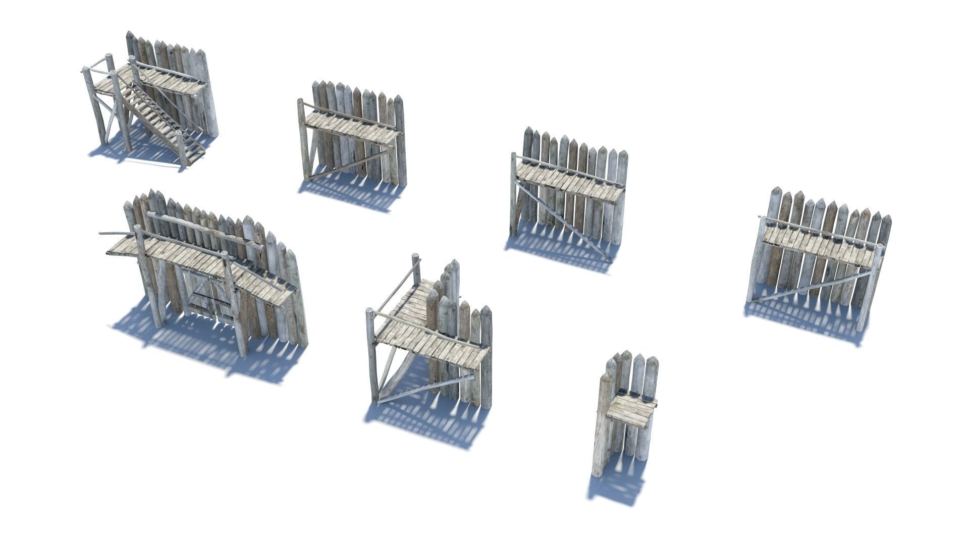 Modular medieval wooden palisades pack Low-poly 3D model_6