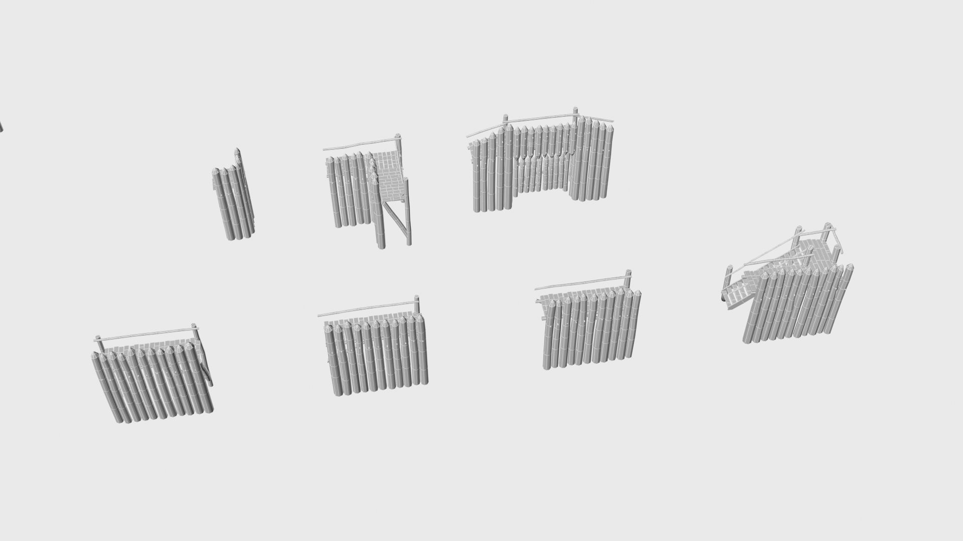 Modular medieval wooden palisades pack Low-poly 3D model_5